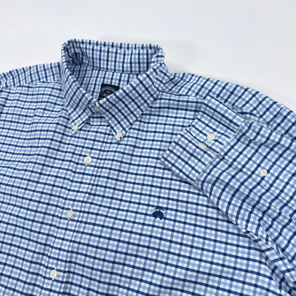 Brooks Brothers Mens Shirt 2XL Blue Gingham Non Iron Stretch Polo Preppy Classic